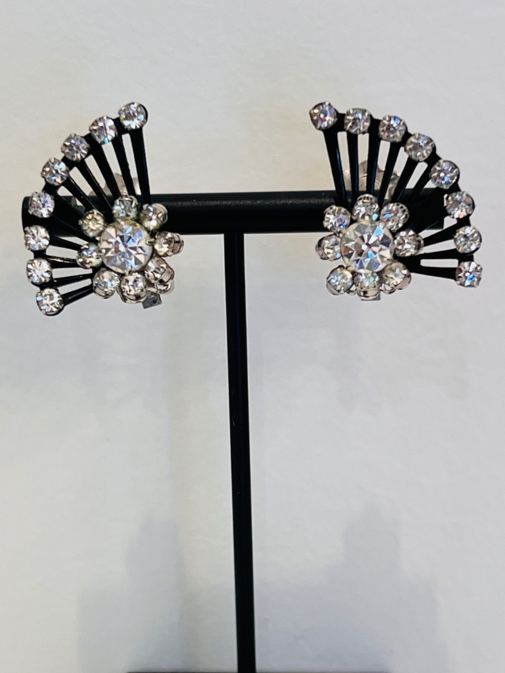 Vintage Coro Black Enamel & Crystal Rhinestone Fan Clip On Earrings